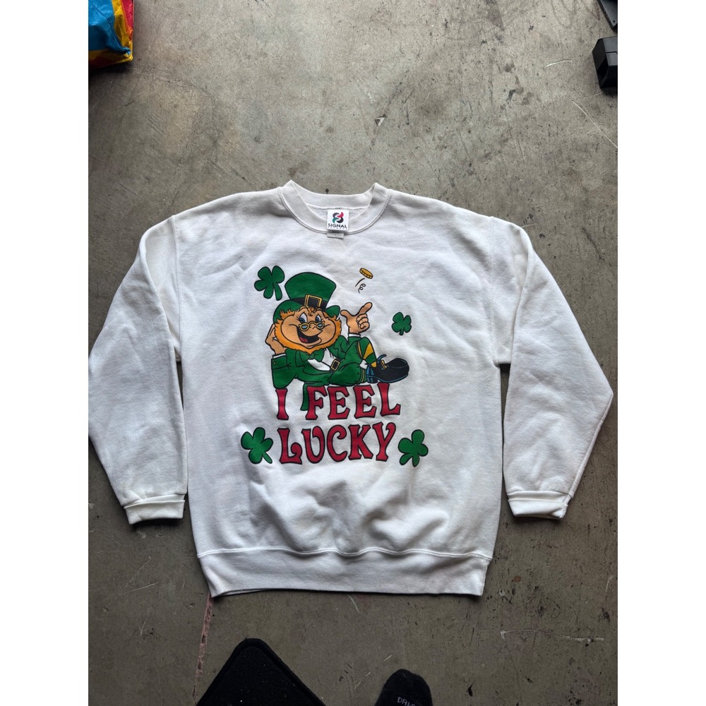 Vintage Signal Artwear I Feel Lucky Leprechaun Sweatshirt White Large USA Made